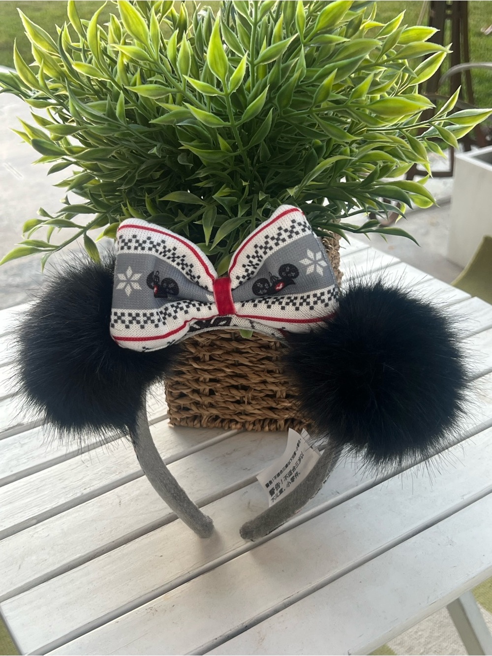 Disney Black Faux Fur Pom Ear Headband with Sweater Bow